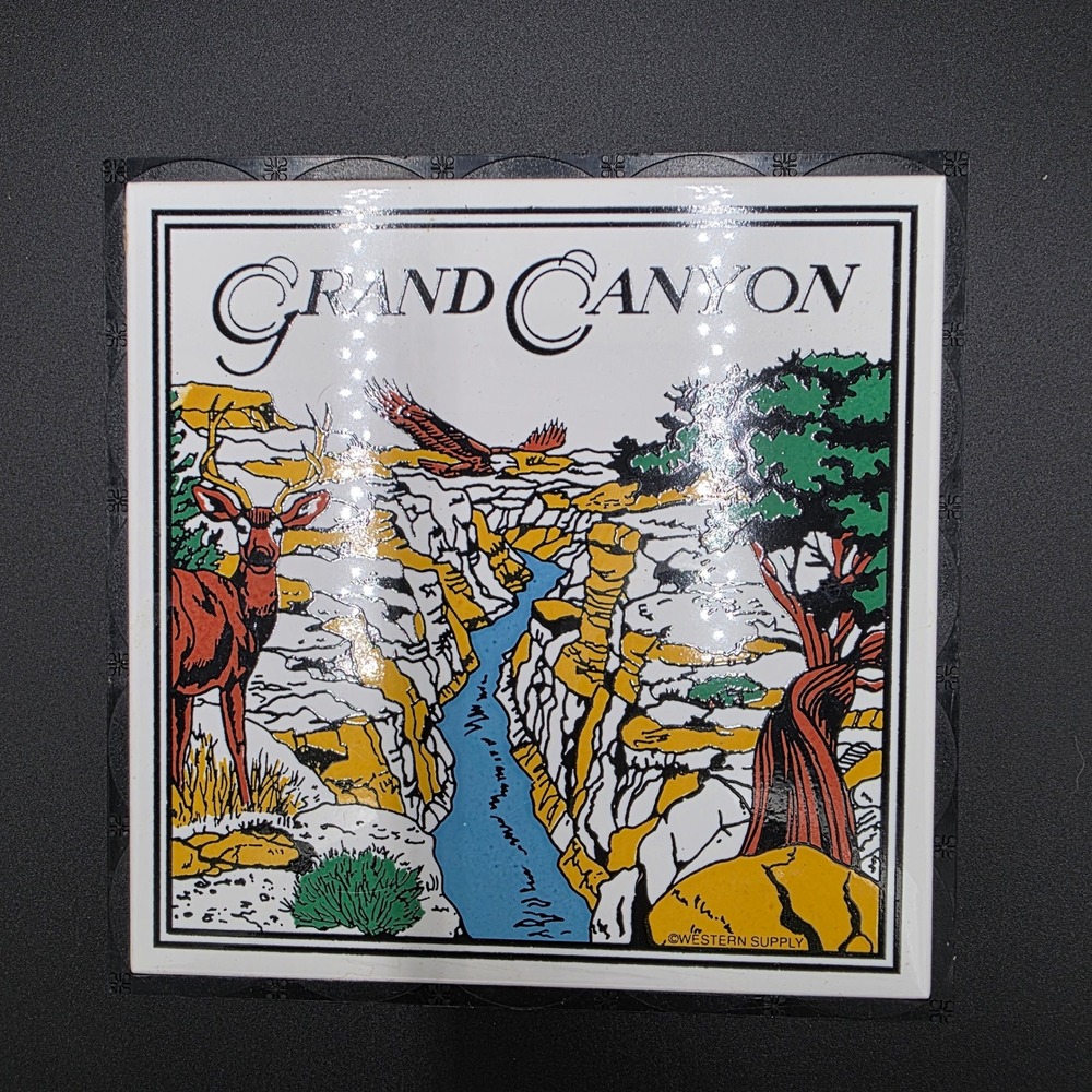 Vintage Grand Canyon Ceramic Tile Trivet Western Supply Wildlife Scene